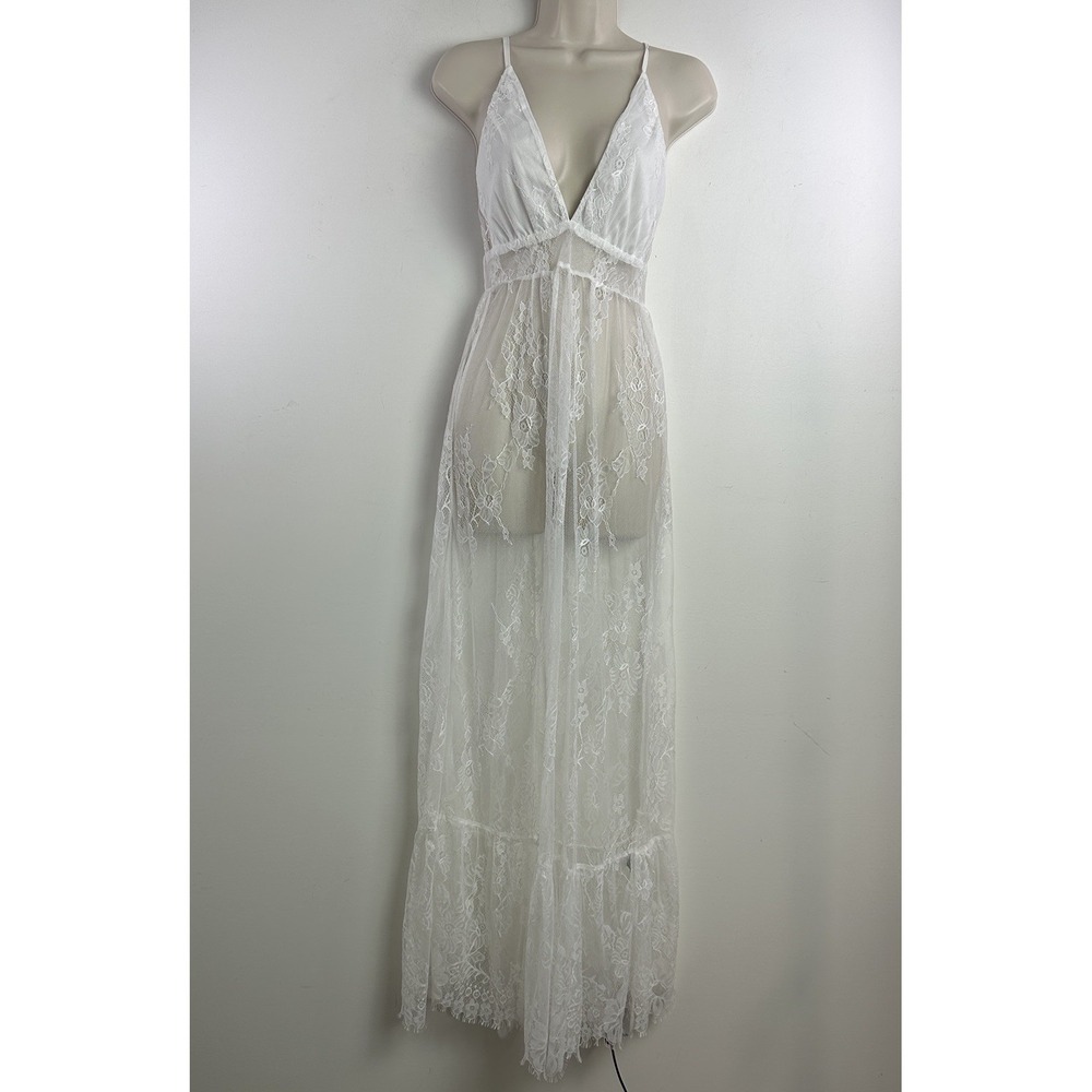 Womens Lace Sheer Slip Dress Small White Y2K Bridal Fairy Coquette Floral Wester